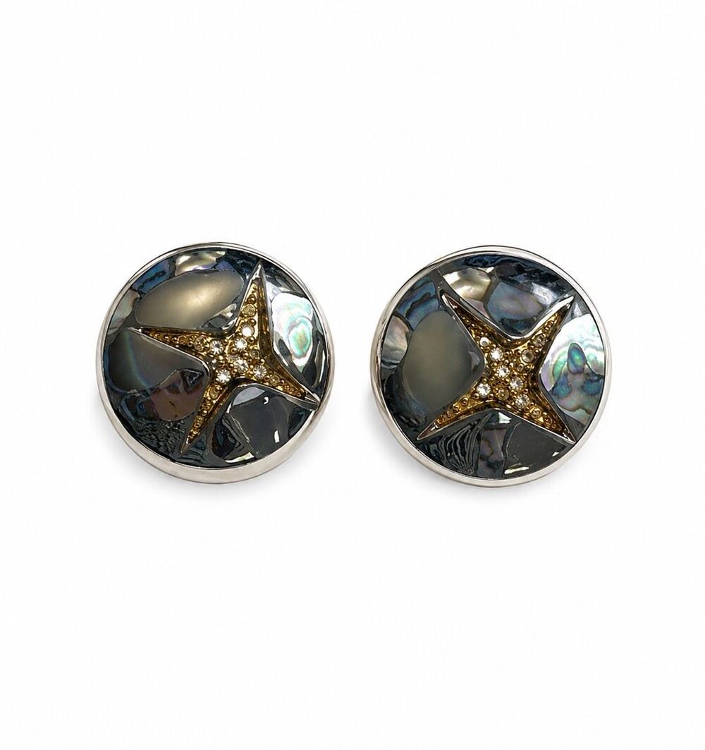 Pallas VTG Costume Jewelry Silver Clip Earrings Gold & Rhinestone Details